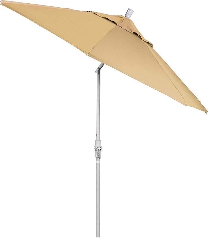 California Umbrella 9' Round Aluminum Market Umbrella, Crank Lift, Collar Tilt, White Pole, Champagne Olefin