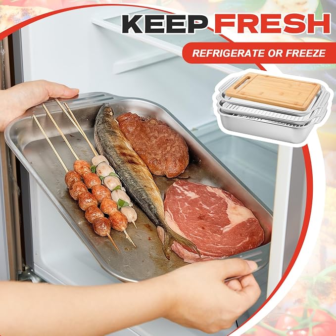 4 Pcs Grill Prep Trays Set Stackable Stainless Steel Grilling Prep and Serve Tray Includes 2 Deep Grill Platter, Shallow BBQ Serving Tray and Bamboo Cutting Board for BBQ Outdoor Grilling