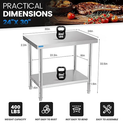 KUARBARR Stainless Steel Table for Prep & Work with Undershelf 24 x 30 Inches NSF Metal Commercial Kitchen Prep Table with Adjustable Under Shelf Worktable for Restaurant Home Outdoor