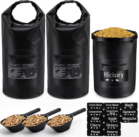 Maxdot 3 Sets 20lb Wood Pellet Storage Bag with Scoops and Labels, Waterproof Outdoor Fabric Container Grill Accessories for Pellets, Charcoal, Wood Chips