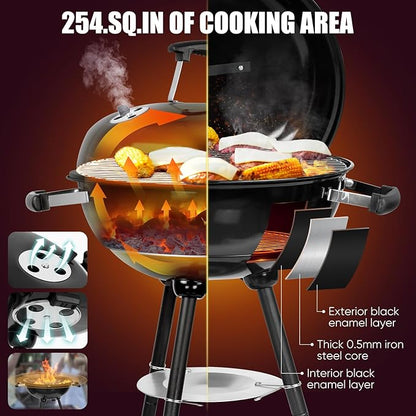 HaSteeL 18 Inch Charcoal Grill, Black Kettle Outdoor Barbecue Grill, 2-In-1 Portable BBQ Grill with Wheels for Camping Backyard Patio Picnic, Porcelain-Enameled Lid & Fire Bowl, 254.SQ.IN Cooking Area