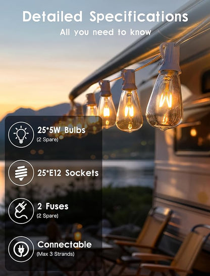 SUNSGNE 25FT Outdoor Edison Bulb String Lights with 27 Clear Edison Bulbs, ST35 Vintage String Lights for Patio, Garden, Backyard, Porch, Bistro Party Decoration, E12 Socket Base (White Wire)