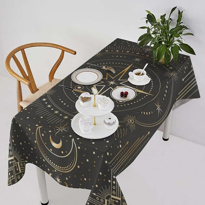 Vintage Tarot Moon Tablecloth Boho Mystical Crescent Moon Phases Star Galaxy Space Table Cloth Water Resistant Wipeable Table Cover for Picnic Party Holiday Kitchen Dinner Table 60"x110"