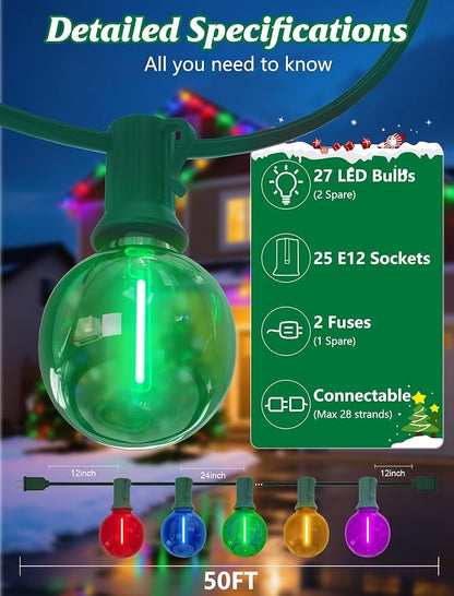 SUNSGNE G40 LED Christmas Globe String Lights, 50FT Shatterproof Round Colored Christmas Lights with 27 LED Clear Multicolor Bulbs(2 Spare) for Patio Balcony Roofline Garden Decor