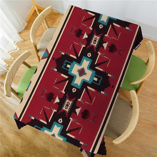 Swono Ethnic Pattern Tablecloth Red Geometric American Navajo Style Rectangle Table Cloth Washable Plaid Table Cover for Kitchen Holiday Dinner, 52x 70 Inch Tablecloth