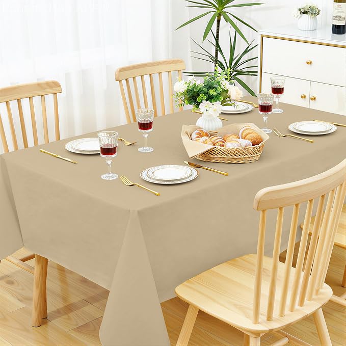 Smiry Rectangle Table Cloth 60x120 Inch, Waterproof Wipeable Vinyl Tablecloths Protector, Oil Spill Proof Plastic Table Cover for Dining, Picnic, Camping, Outdoor, Khaki