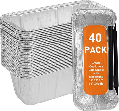 40 Pack Grease Cup Liners Compatible with Blackstone Griddle 5017 - Disposable Aluminum Foil Drip Pan Grease Catcher Cup Liner for 17, 22, 28, 36 Inch | Disposable;Heavy duty;Multipurpose;Wide compatibility;Easy to use;Easy to clean;Large capacity