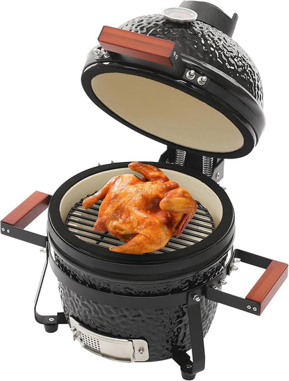12.6" Portable Ceramic Kamado Charcoal Grill, BBQ Smoker with Thermometer & Bamboo Handles, Freestanding Barbecue Grill for Outdoor Camping, Patio, Backyard & Picnics (Black)