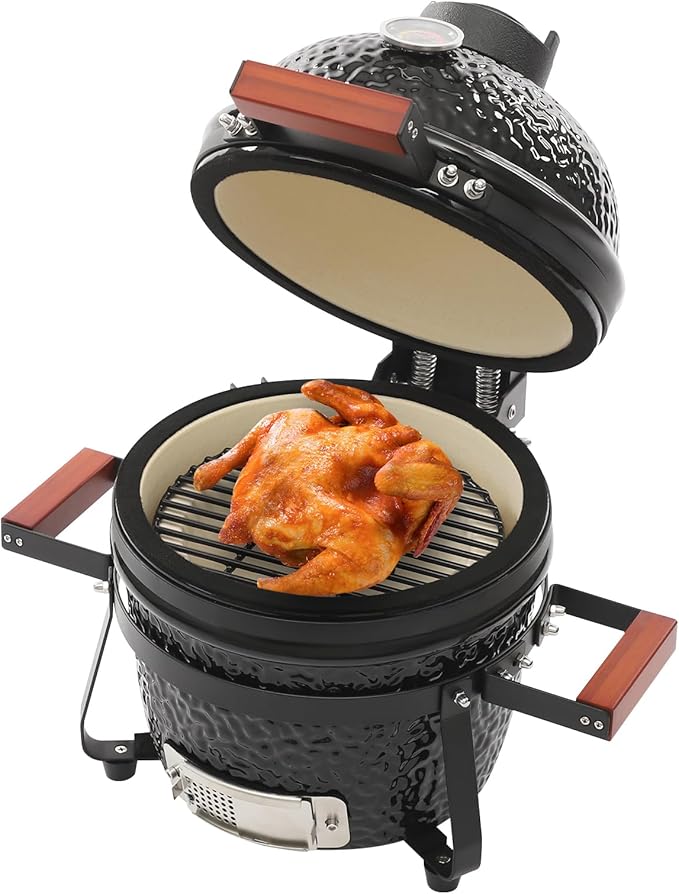 Ceramic Kamado Charcoal Grill, 12.6" Round Egg BBQ Smoker with 20mm Thick Ceramic Wall, 50-800°F Temp Range for Grilling, Smoking & Baking