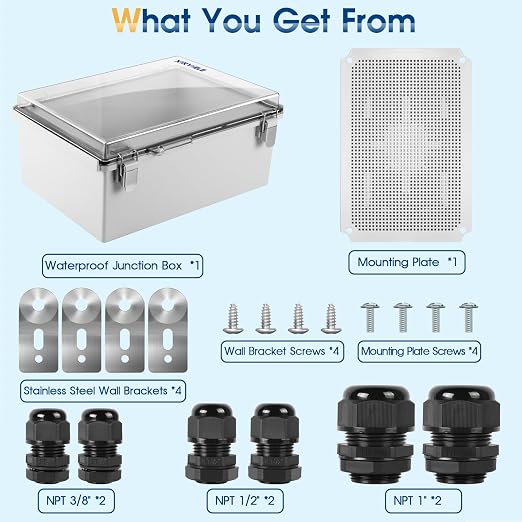 Waterproof Outdoor Project ABS Plastic Junction Box IP67 Weatherproof Dustproof Enclosure with Hinged Cover, Mounting Plate,Wall Brackets for Power Project (Clear,13.8"x9.8"x5.9")