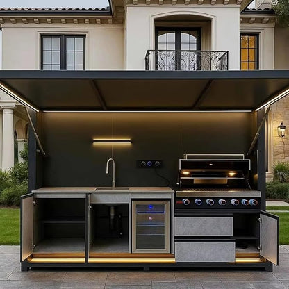 Modern Outdoor Kitchen with Automatic Lift Canopy - Integrated LED System & Smart Storage - Premium Prefab BBQ Island