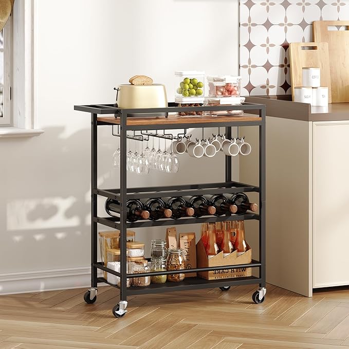 MAHANCRIS Bar Cart for Home, Kitchen Island Cart, Rolling Wine Cart with Glass Holders, 3-Tier Serving Cart with Wine Rack, Beverage Cart and Drink Cart, Rustic Brown and Black RCHR11801