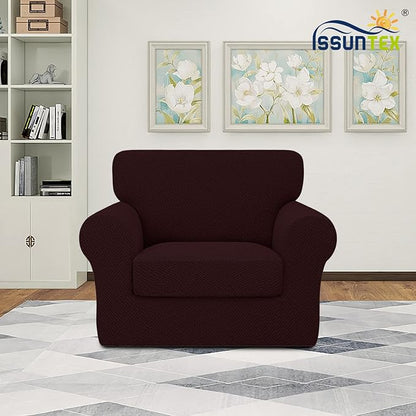 ISSUNTEX 2 Pieces High Stretch Thicken Chair Couch Covers, Soft Sofa Slipcover for 1 Separate Cushion Couch, Jacquard Fabric Elastic Sofa Cover Furniture Protector for Dogs (Chair, Wine)