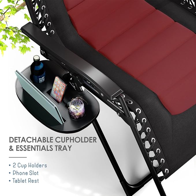 Nestl Padded Oversized Zero Gravity Chair, XL Folding Outdoor Lounge Chair | Adjustable Headrest, Cup Holder & Side Tray, Support 330 LBS, Reclining & Foldable, For Patio Beach & Camping, Black/Burgundy