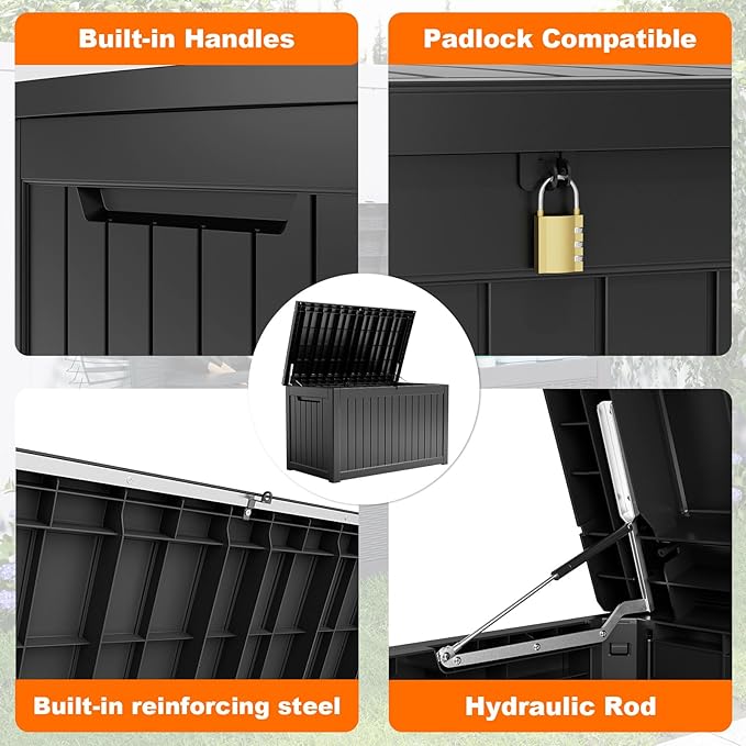 PatioZen 281 Gallon Large Resin Deck Box, Lockable Outdoor Storage Box for Patio Cushions Storage Furniture,Garden Tools, Pool Supplies, Weatherproof and UV Resistant (Black)