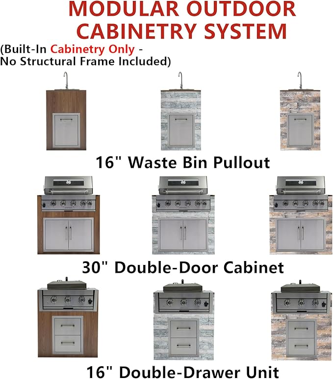 12PCS 32" Built - In Outdoor Kitchen System, 60000 BTU Stainless Steel BBQ Grill Island, Propane Gas Grill with Sink, Rotisserie Kit, Waste bin combo, Cabinets, Patio Backyard Cooking Station