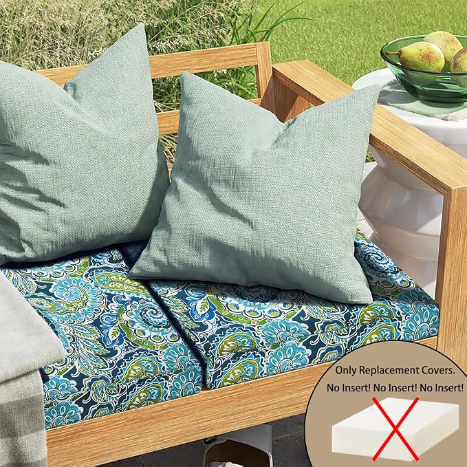 Magpie Fabrics Indoor Outdoor Cushion Cover Replacement 2 Pack, NO Insert! Water Repellent Slipcover with Ties Decor for Patio Garden Chair Seat Sofa Bench Wicker(Paisley Lapis Green, 20x18x4 Inch)