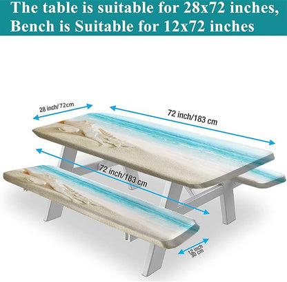 Sea Starfish Shell Picnic Table and Bench Fitted Tablecloth Cover, Ocean Summer Starfish Shell Outdoor Table Cover, 72X28 Inch, 3 Pieces Set, Rectangle Fitted Tablecloth for Camping Patio Park Use