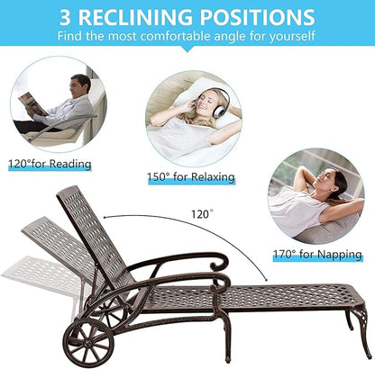 KEIKI Chaise Lounge Chair Outdoor Set of 2, Aluminium Cast Patio Chaise Lounge with Adjustable Backrest and Moveable Wheels, 3 Pieces Outside Tanning Chair, Brown and Brown (Side Table Not Included)