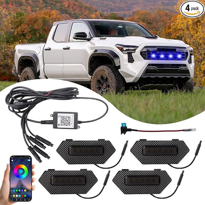 4-in-1 RGB Front Grill Lights Fit for Tacoma Trailhunter TRD Pro 2024 2025 | APP Control, 8 Lighting Modes, with Fuse Adaptor, LED Grille Light Bar, Tacoma Accessories