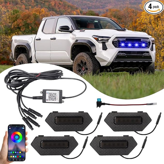 4-in-1 RGB Front Grill Lights Fit for Tacoma Trailhunter TRD Pro 2024 2025 | APP Control, 8 Lighting Modes, with Fuse Adaptor, LED Grille Light Bar, Tacoma Accessories
