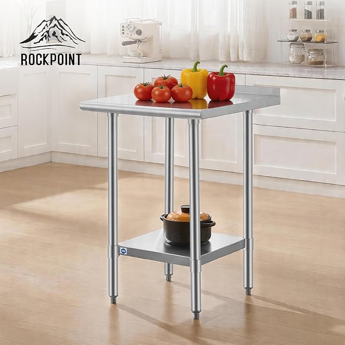 ROCKPOINT SS304 Top All Stainless Steel Table for Prep & Work with Backsplash 24x24 Inches, NSF Commercial Kitchen Heavy Duty Table with Adjustable Undershelf for Restaurant,Kitchen, Home and Hotel