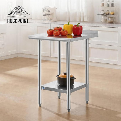 ROCKPOINT SS304 Top All Stainless Steel Table for Prep & Work with Backsplash 24x24 Inches, NSF Commercial Kitchen Heavy Duty Table with Adjustable Undershelf for Restaurant,Kitchen, Home and Hotel