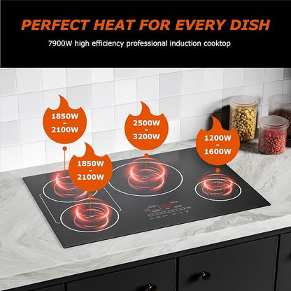 30 Inch Induction Cooktop 4 Burners, Flat Glass Top Electric Stove Hob with Bridge-SYNC, 3 Preset Modes Booster, Timer, Pause, Child Lock, Drop in, 208~240V/40A, Black