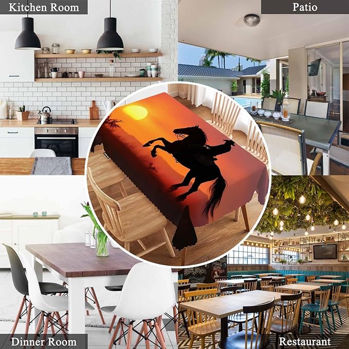 Swono Rectangle Tablecloth Cowboy Table Cover 52x70 Inch Western Cowboy Horse Sunset Ranch Heavy Duty Table Cloth for Rectangle Tables Decorative Tablecloth for Dining Party Camping BBQ