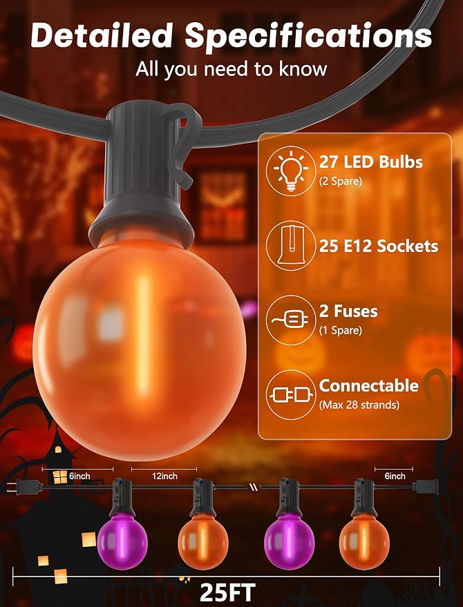 SUNSGNE 25ft Halloween String Lights Outdoor - G40 LED Orange and Purple String Lights with 27 Frosted Globe Bulbs(2 Spare), Vintage Halloween Decorations for Patio Balcony Porch Yard
