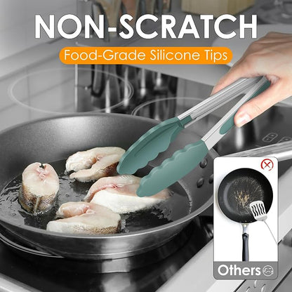 HOTEC Premium Stainless Steel Locking Kitchen Tongs with Silicon Tips, Set of 3-7", 9" and 12" (Sage Green)