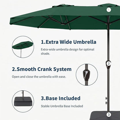 15FT Double Sided Patio Umbrella with Base Included Large Outdoor Market Umbrella with Crank Handle, UV Resistant Canopy, Sturdy Frame for Garden, Poolside, Deck, Forest Green