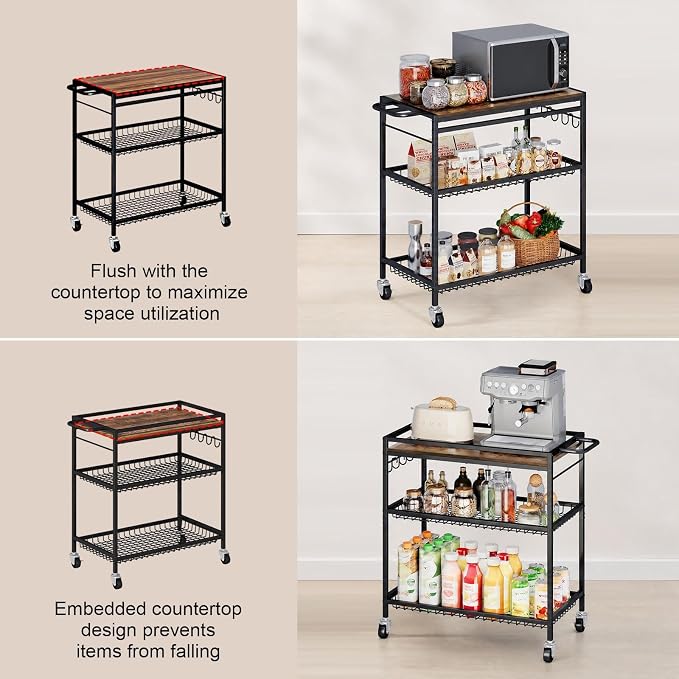 Microwave Kitchen Cart – 3 Tier Rolling Kitchen Utility Cart for Microwave Table Stand, Coffee Cart, Bar Cart, Kitchen Appliance Storage with Adjustable Shelf & Lockable Wheels, 34.25" L x 33.46" H