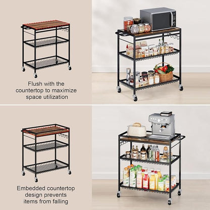Microwave Kitchen Cart – 3 Tier Rolling Kitchen Utility Cart for Microwave Table Stand, Coffee Cart, Bar Cart, Kitchen Appliance Storage with Adjustable Shelf & Lockable Wheels, 34.25" L x 33.46" H