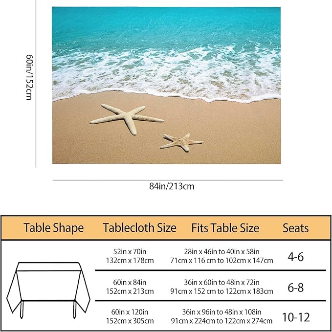 TKS MITLAN Tablecloth Summer Beach Table Cloth Rectangle Table 60 x 84 Inch Sea Wave Starfish on Sand Kitchen Decorations for Home Dinner Party