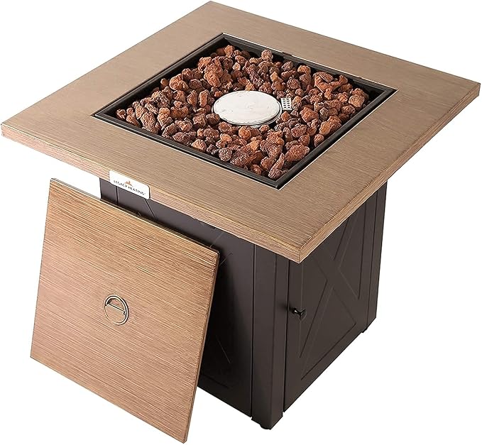 LEGACY HEATING 28 Inch Outdoor Gas Square 50000 BTU Fire Pit Table with Lid, Bionic Wood Grain Propane fire pits Tables for Outside Backyard Garden Camping Party