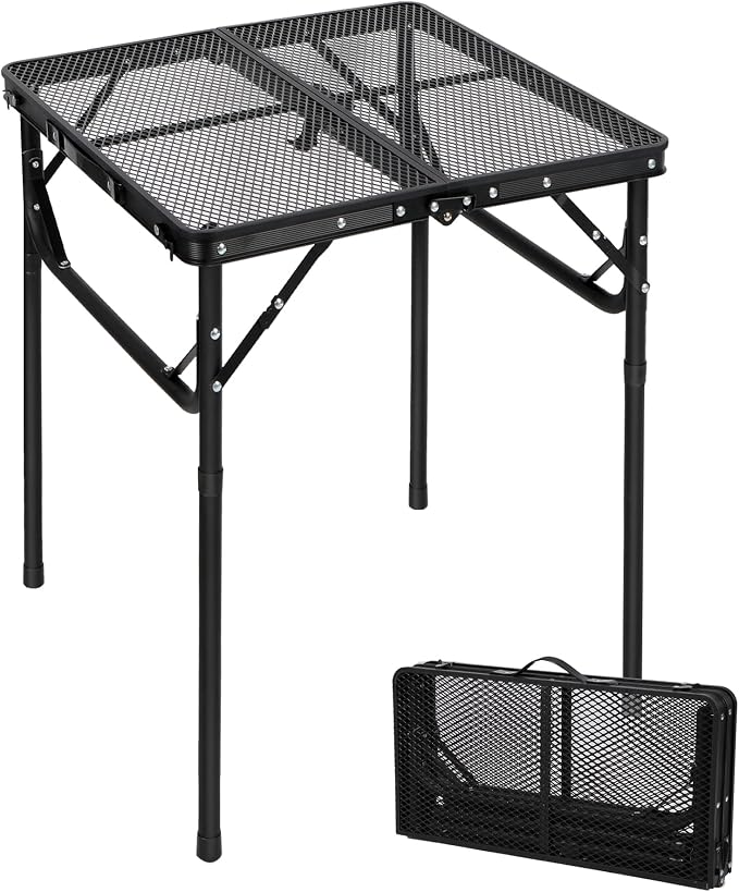 Portable Grill Table for Outside, Aluminum Square Folding Grill Stand Table for Outdoor Camping Picnic BBQ, Lightweight Adjustable Height, 24"x24", Black