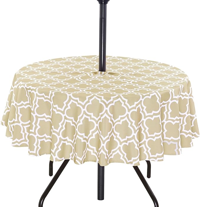 Poise3EHome Round Outdoor Tablecloth with Umbrella Hole and Zipper,Khaki 70 Inch,Polyester SpillProof Washable Table Cloth for Spring Summer Patio Garden Poolside Picnic Camping BBQS