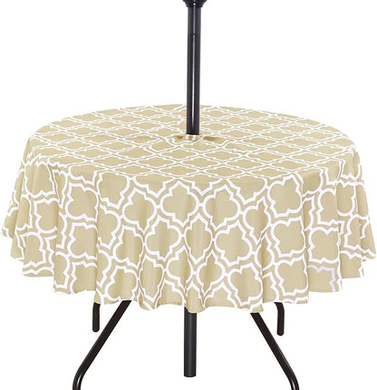 Poise3EHome 60 inches Outdoor/Indoor Waterproof Spillproof Round Tablecloth with Umbrella Hole for Camping, Picnic, Christmas Tree Skirt, BBQ, Khaki