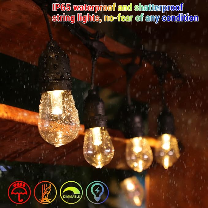 2-Pack 48FT Solar Outdoor RGB String Light, Dimmable Patio String Lights with Shatterproof Edison Bulbs, Remote, Commercial Solar String Lights for Cafe, Patio, Yard, Party