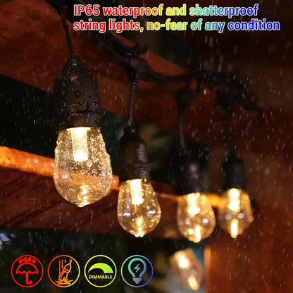 48FT Solar Outdoor RGB String Lights Waterproof Shatterproof | 15+3 Dimmable LED Bulbs with Remote Commercial Patio Light for Cafe, Yard, Party