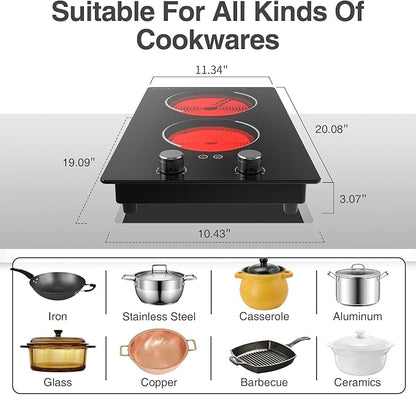 GIHETKUT Electric Cooktop,110V 2100W Electric Stove Top with Knob Control, 10 Power Levels, Kids Lock & Timer, Hot Surface Indicator, Overheat Protection,Built-in Radiant Double induction cooktop
