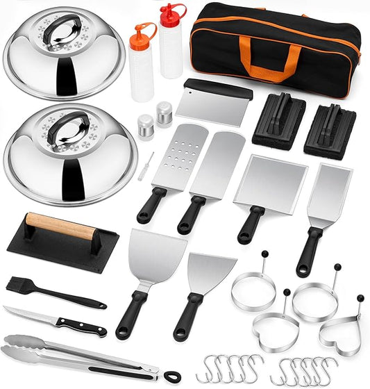 35PCS Griddle Accessories Kit, Leonyo Flat Top Grill Accessories, Grill Tools with Enlarged Spatulas, Melting Dome, Metal Scraper, Burger Press for Outdoor Barbecue Teppanyaki Hibachi Cooking