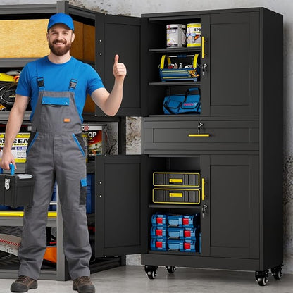 71" Metal Garage Storage Cabinet with Wheels and Locking Doors and Tall Rolling Steel Tool Cabinet with 3 Adjustable Shelves for Garage,Home,Office,Shop (Black, 71" H x 35.43W x 15.74" D)