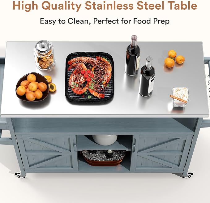Zevemomo Outdoor Grill Cart with Storage, Lockable Casters, Gray-Blue | Stainless Steel Tabletop Outdoor Kitchen Island, Fir Wood Outdoor Buffet Cabinet for Kitchen & Barbecue