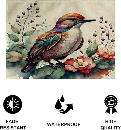 Watercolor Painting Birds Table Mats Set of 4 Spring Topical Flowers Placemats Waterproof Heat Resistant Washable Non-Slip Place Mats for Dinner Room Kitchen Decor Table 12”×16”(Brown, 12”×16”)