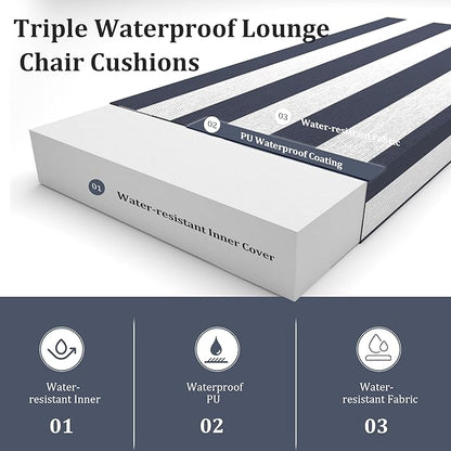 Chaise Lounge Cushions Outdoor Set of 2 Lounge Chair Cushion 72" L x 21" W with Headrest Straps 3'' Thick Waterproof Patio Chaise Cushions Pool Lounger Chair Cushion(Blue Stripe)