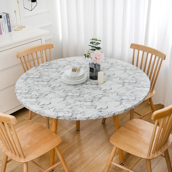 LIBERECOO Round Vinyl Fitted Tablecloth with Flannel Backing Elastic Edge Table Cover Waterproof Stain-Resistant Wipeable Tablecloths Fits 66-72" Round Tables
