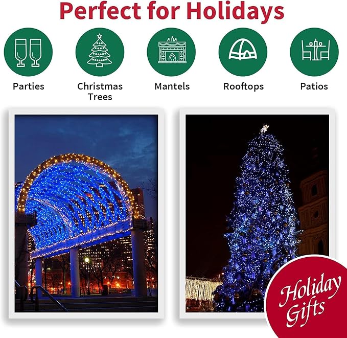 33FT 100 LED Blue Christmas Lights,16 Modes Connectable Fairy String Lights, Plug in Indoor Outdoor Blue Lights for Xmas Tree, Party, Garden, Hanukkah, Independence Day Patriotic Patio Decor