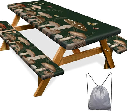 Picnic Table Cover with Bench Covers Camping Essentials Waterproof Windproof Camping Tablecloth with Drawstring Bag, Fitted Rectangle Tables and Seats, 72in, Dark Green Mushroom